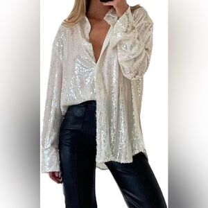Leaving closet 5/26/25 White Sequin Long Sleeve Button Down Shirt